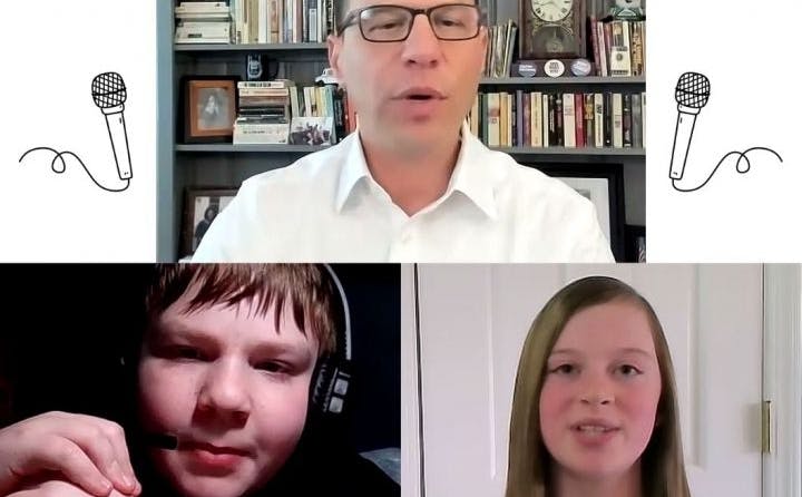 A screen capture of the online town hall showing students Carter and Georgia with Governor Shapiro. Each person is tuning in from their own computers.