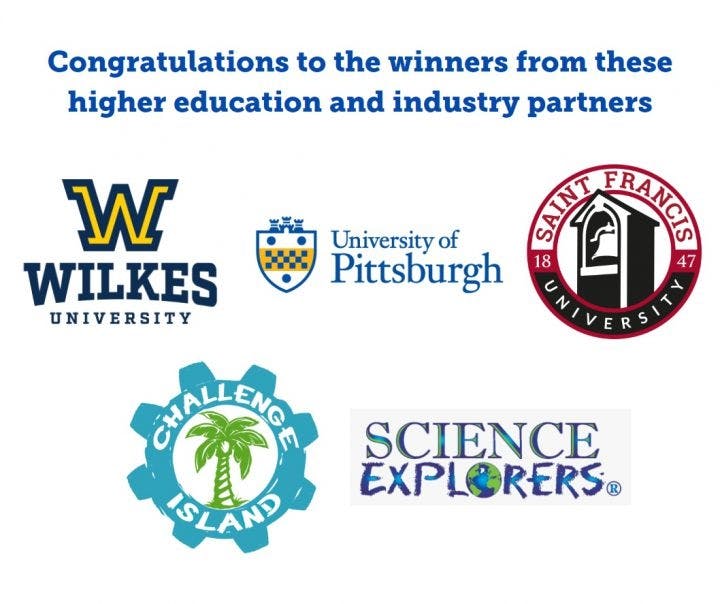 Text that reads "Congratulations to the winners from these higher education and industry partners." Below are logos for Wilkes University, University of Pittsburgh, Saint Francis University, Challenge Island, and Science Explorers.